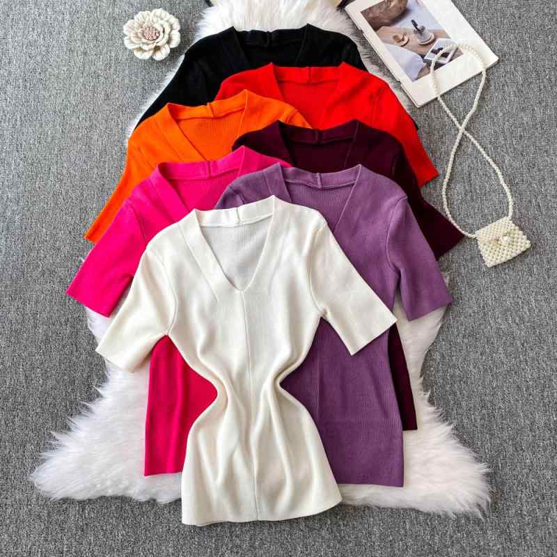 ニットトップス レディース 春夏 Vネック 半袖 スリムフィット リブ 無地 ショート丈 きれいめ 大人上品 オフィススタイル 着回し インナー ポリエステル