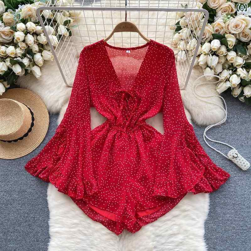 オールインワン レディース リゾート カジュアル かわいい フリル フレアスリーブ Vネック リボン ハイウエスト ショート丈 ワイドパンツ ポリエステル ストレッチ 薄手 春夏 スタイルアップ レッド ブラック