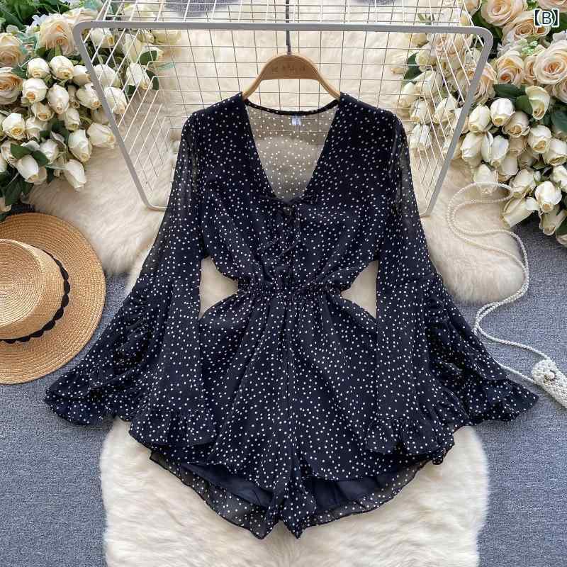 オールインワン レディース リゾート カジュアル かわいい フリル フレアスリーブ Vネック リボン ハイウエスト ショート丈 ワイドパンツ ポリエステル ストレッチ 薄手 春夏 スタイルアップ レッド ブラック