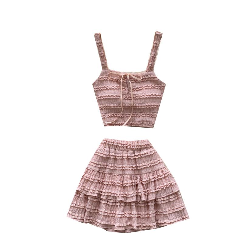 ツーピース レディース スクエアネック キャミソール ノースリーブトップス ハイウエスト プリーツ フリル ミニスカート フェミニン エレガント カジュアル 通勤 オフィス ポリエステル 春夏