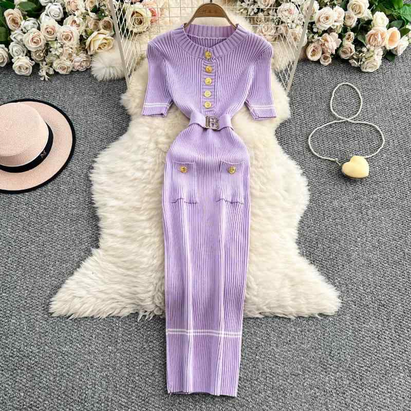 ワンピース レディース ニット 半袖 ラウンドネック メタルボタン タイト ミディ丈 ハイウエスト ウエストマーク 細見え スタイルアップ 高級感 エレガント 通勤 オフィス 春夏 ポリエステル 無地