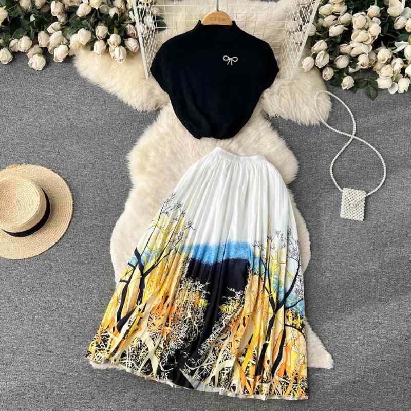 セットアップ レディース 女性用 春夏 欧米風 インスタ風 上品 ショート丈 ニットトップス プリーツ ミディ丈 プリント スカート ツーピース ポリエステル カジュアル