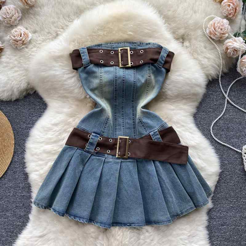 ワンピース レディース フレンチレトロ 大人かわいい デニム ベアトップ プリーツ ミニ丈 セクシー エレガント 細見え 春夏 ブルー