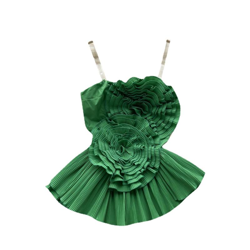 ビスチェ レディース スリムフィット 立体プリーツ 3Dフラワー アシンメトリー フリル裾 ショート丈 性 個性派 リゾート ポリエステル 春夏