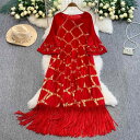 ワンピース レディース 春夏 箔押し フリンジ エレガント ゆったり 体型カバー 大きいサイズ Aライン プリーツ 長袖 クルーネック フレアスリーブ ハイウエスト レトロ 中国風