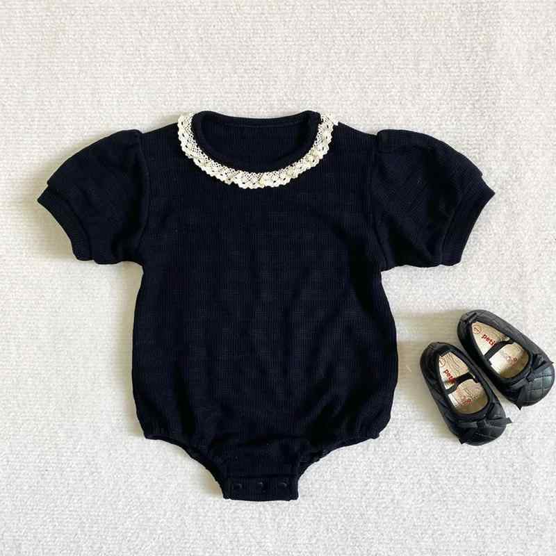 ロンパース ベビー 女の子用 韓国 薄手 パフスリーブ ショートスリーブ 綿 コットン おしゃれ かわいい 春夏 赤ちゃん 幼児服 普段使い お出かけ デイリーユース ブラック