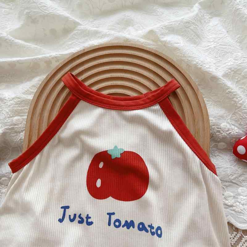 ベビーロンパース 春夏 コットン ノースリーブ 薄手 トマト柄 かわいい ポップなカラー 吸湿速乾 肌に優しい ボディスーツ