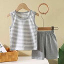 セットアップ キッズ 男の子 女の子 夏用 綿 コットン ノースリーブ Tシャツ タンクトップ ストライプ 2点セット 普段使い 部屋着