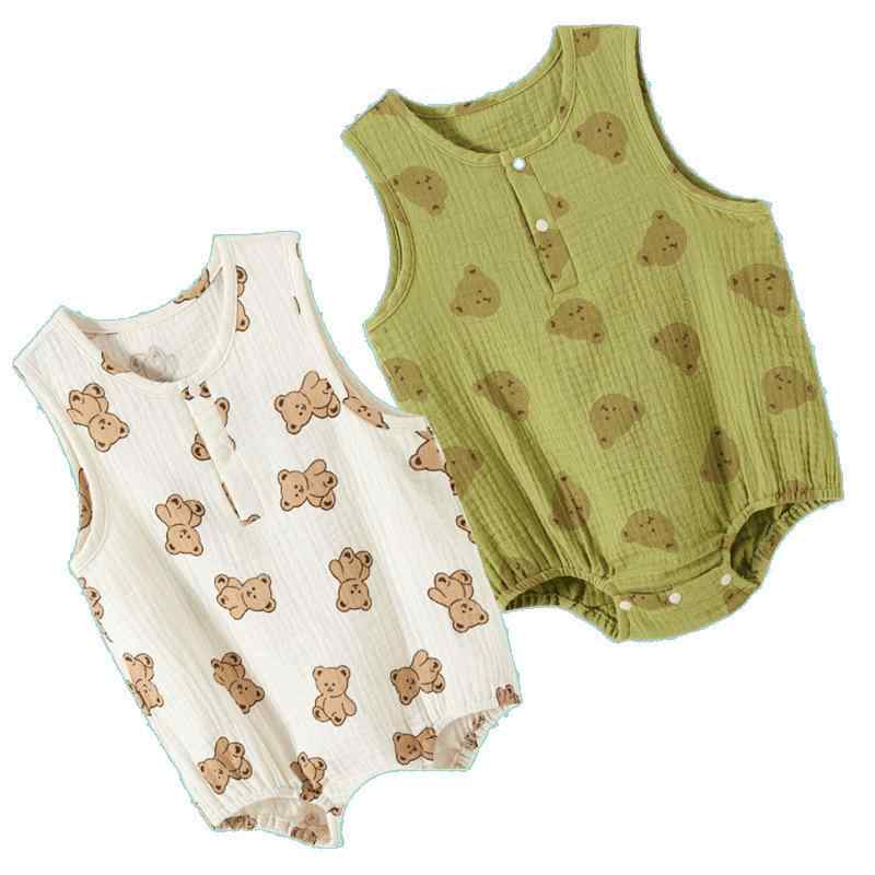 ロンパース ベビー 幼児 赤ちゃん 男の子 女の子 春夏 レトロスタイル くま柄 配色 バイカラー 綿 コットン リブ編み 再生繊維 ノースリーブ 薄手 吸湿速乾 肌に優しい 普段使い 部屋着 ボディスーツ