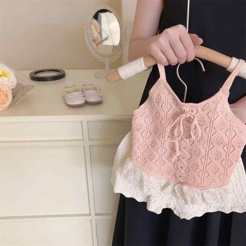 セットアップ 女の子 ガールズ 綿 コットン キャミソール サマーニット 上下セット 毛玉防止 静電気防止 薄手 通気性 接触冷感 吸湿速乾 韓国 春夏 キッズ 普段着