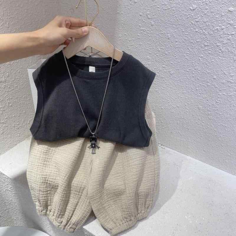 キッズ セットアップ 男女兼用 ノースリーブ ベスト ハーフパンツ 綿 薄手 軽量 吸湿速乾 無地 シンプル 韓国 カジュアル 春夏 子供服 グレー イエロー ベージュ