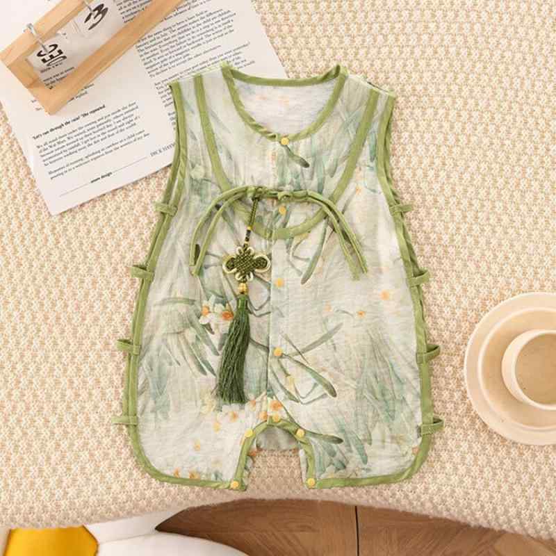 ロンパース ベビー 赤ちゃん 男の子 女の子 夏 ノースリーブ グリーン 中華風 漢服 琵琶襟 薄手 再生繊..