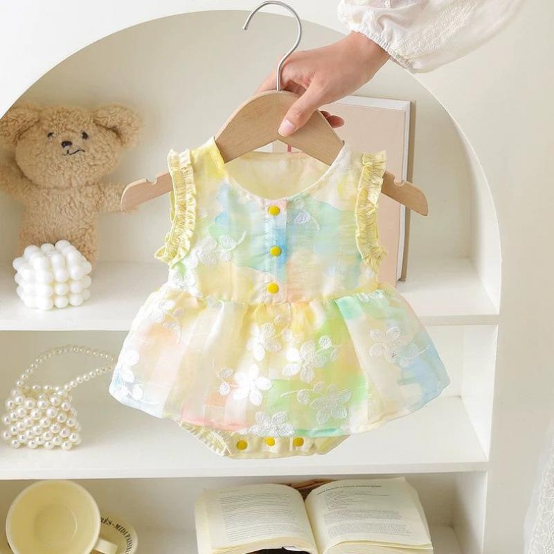 ロンパース ベビー 女の子 乳幼児 夏 薄手 プリンセス風 かわいい カラフル ボディスーツ カバーオール ノースリーブ 綿 肌に優しい 通気性 お宮参り お食い初め 出産祝い 普段着 股下スナップ