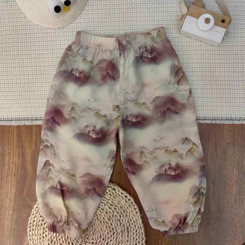 長ズボン ベビー キッズ 子供服 春夏 薄手 軽量 通気性 涼しい 速乾 防虫 チャイナ風 プリント 総柄 おしゃれ カジュアル 幼児 男女兼用 レーヨン ポリエステル混紡 ボトムス