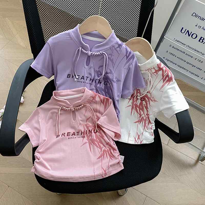 Tシャツ キッズ 女の子 春夏 半袖 トップス レトロ チャイナボタン 水墨画風 竹 ドロップ柄 清涼感 おしゃれ かわいい 万能 着回し お..