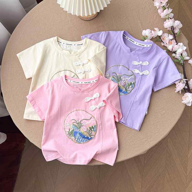 Tシャツ 女の子 子供用 夏物 パール刺繍 半袖 中国風 中華風 おしゃれ かわいい 綿 コットン ラウンド..