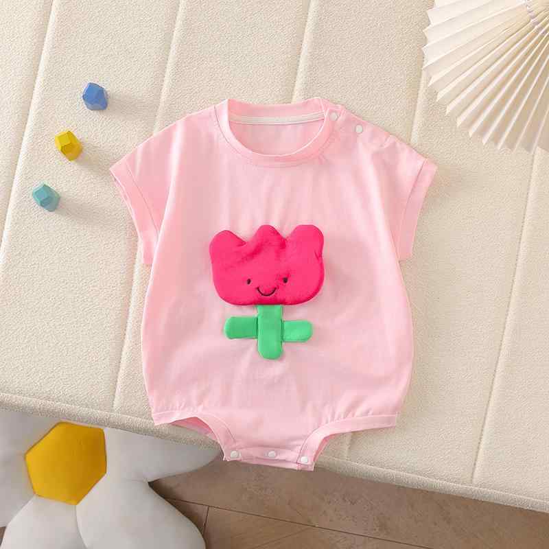 ロンパース ベビー 女の子 プルオーバー ノースリーブ 綿 コットン 薄手 吸湿速乾 快適 おしゃれ かわいい チューリップ柄 春夏 新生児 普段使い お部屋着