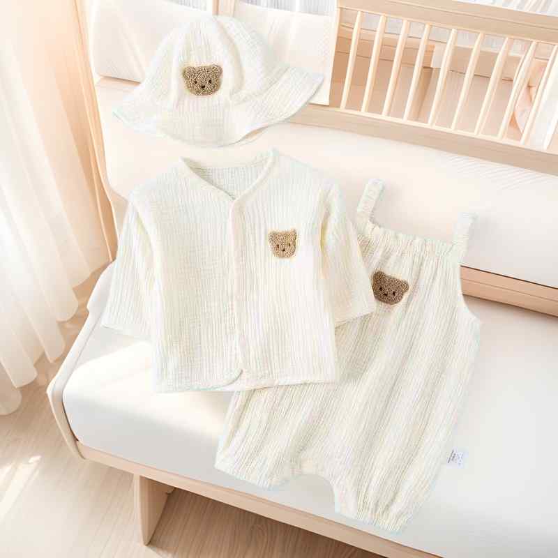 ベビー ロンパース 新生児 春夏 ガーゼ風 サロペット オーバーオール ノースリーブ フード付き 薄手 軽量 ポリエステル 吸湿速乾 通気性 肌に優しい シンプル ショート丈 普段使い 男女兼用