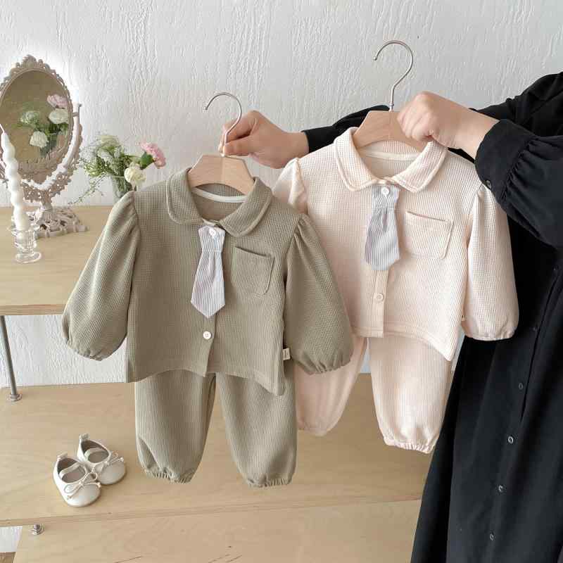 セットアップ ベビー キッズ 男女兼用 春秋 カジュアル おしゃれ ネクタイ付きシャツ トップス 綿 コットン 無地 ロングパンツ 長ズボン 2点セット 上下セット 韓国 グリーン アプリコットカラー