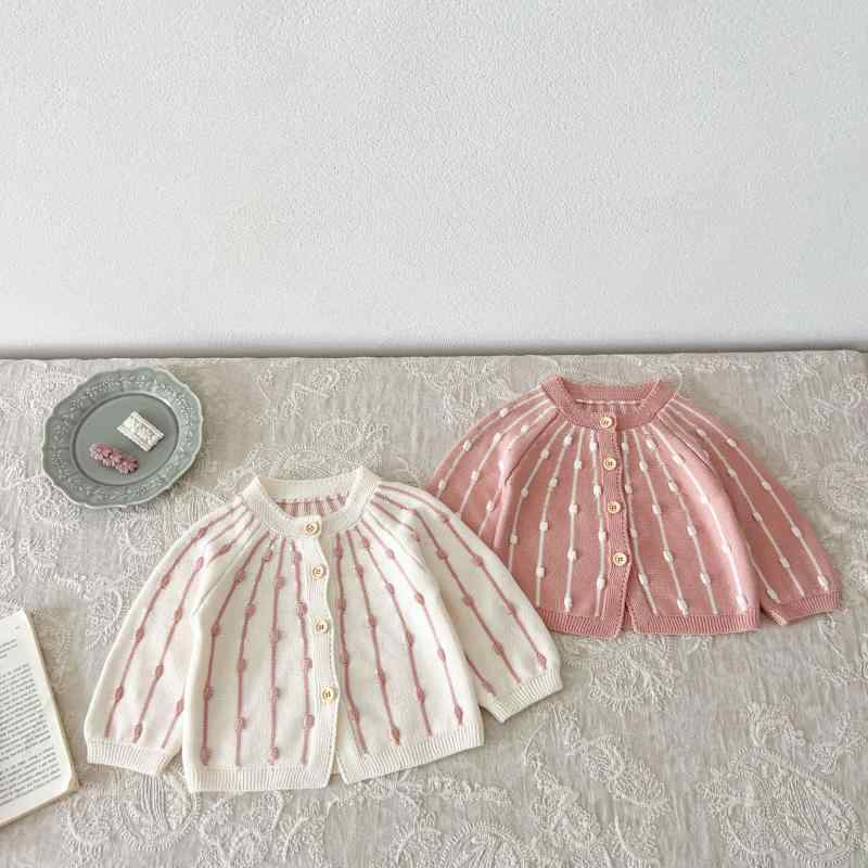 ニット カーディガン 女の子 ベビー キッズ 綿 コットン 手編み パフスリーブ おしゃれ やわらか 長袖 丸首 ドット柄 オフホワイト ピンク 春秋