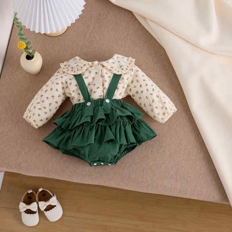 ベビー服 女の子 サロペットショートパンツ コットン 長袖 花柄 トップス 上下セット 春秋 カジュアル かわいい おしゃれ 韓国 女児 普段使い 緑