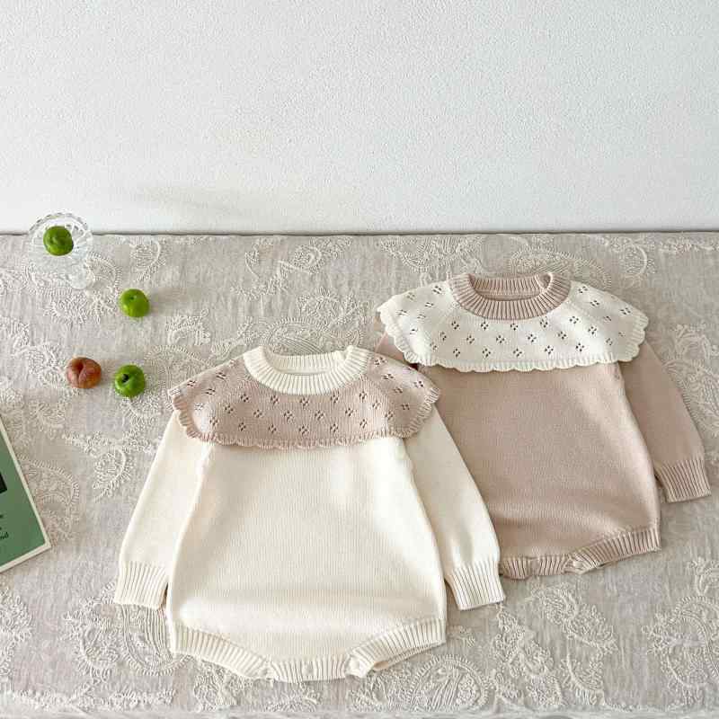 ロンパース ベビー 女の子 秋冬 韓国 おしゃれ かわいい ニット 透かし編み プルオーバー フリル襟 長袖 コットン 三角 カーキベージュ アイボリー