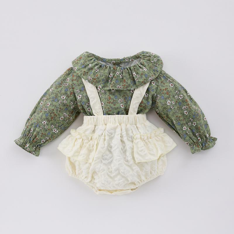 ベビー服 女の子 女児 韓国ファッション 春秋 長袖 フリル襟 花柄 トップス サロペット ショートパンツ..