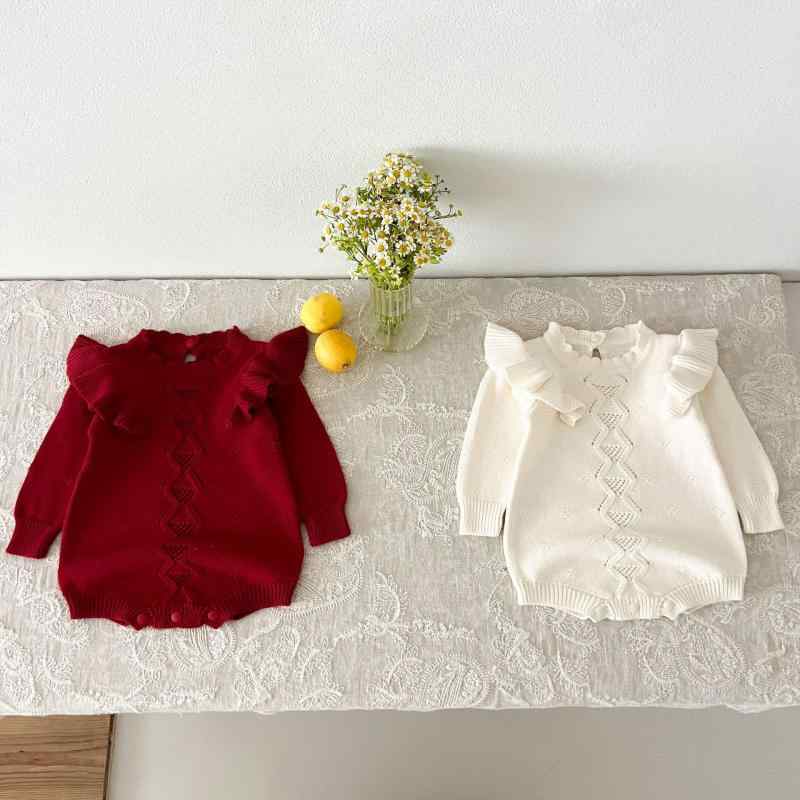 ロンパース 女の子 韓国ファッション 秋冬 ニット フリル袖 プルオーバー やわらか コットン 長袖 かわ..