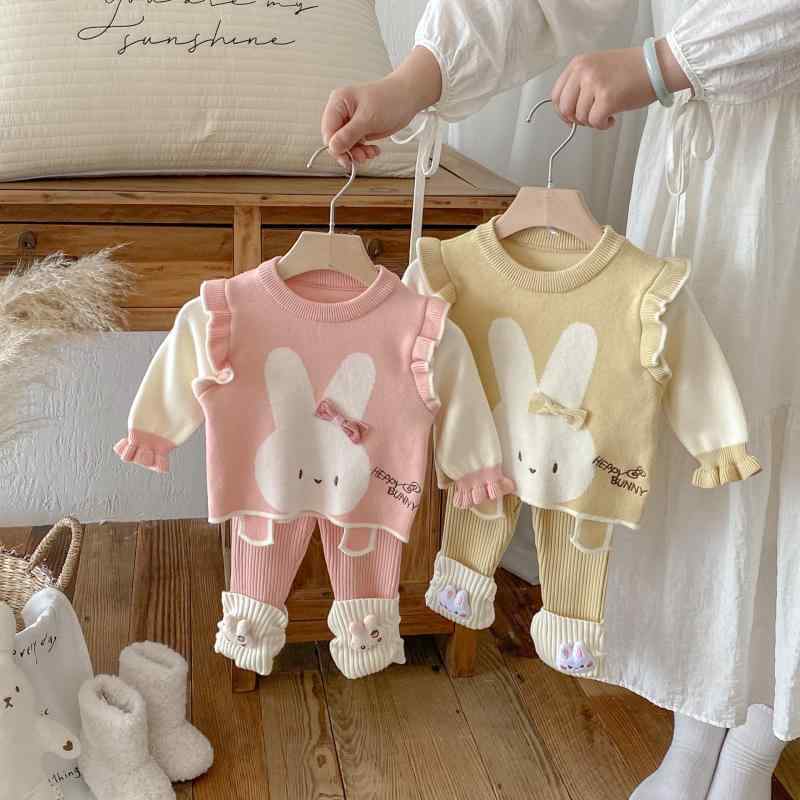 ベビー 女の子 長袖インナー ニットベスト ロングパンツ 3点セット 秋冬 かわいい おしゃれ プルオーバー 無地 やわらか レーヨン混 普段使い 韓国 1歳 2歳 3歳 中厚手 安心