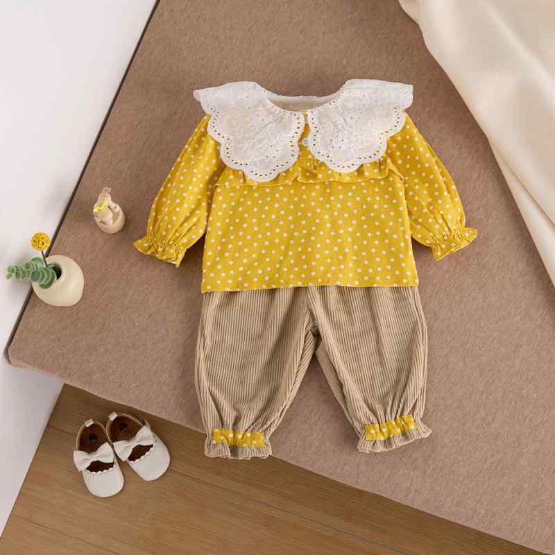 キッズ 女の子 ベビー 幼児 セットアップ 上下セット 春秋 韓国 ドット柄 水玉 フリル襟 長袖 トップス カジュアル パンツ 綿 コットン イエロー 2点セット
