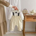セットアップ ベビー 女の子 春秋 韓国 おしゃれ かわいい ドット柄 サロペット 蝶ネクタイ 長袖 Tシャツ 長ズボン パンツ 綿 コットン 柔らかい ホワイト 2点セット
