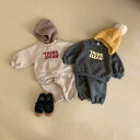キッズ ベビー 男の子 女の子 冬 韓国 セットアップ 綿 コットン 裏起毛 暖かい アルファベット柄 ラグランスリーブ スウェット トレーナー 上下セット パンツ カーキ グレー