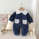 ロンパース カバーオール ベビー 女の子 冬用 裏起毛 厚手 綿混 コットン かわいい プリンセス風 襟付き 長袖 前開き ボタン 防寒 あたたかい カジュアル お出かけ ネイビー