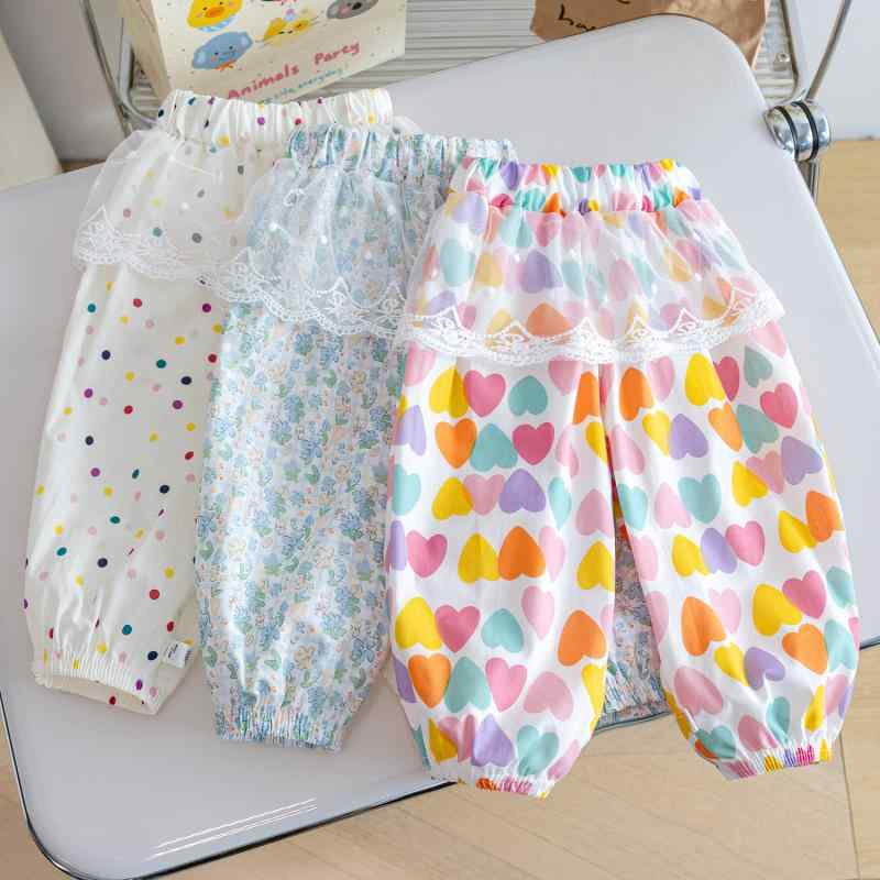 パンツ 女の子 韓国 夏物 防蚊 薄手 綿 ロング丈 バルーンパンツ 小花柄 フリル レース ウエストゴム カジュアル かわいい 着回し 普段使い