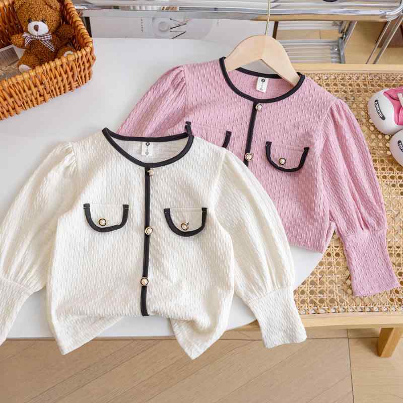 シャツ ガールズ 宮廷風 パフスリーブ 上品な 丸襟 長袖 切り替え 綿 コットン プリンセス 春秋 アイボリー ピンク グリーン カジュアル お出かけ 普段着