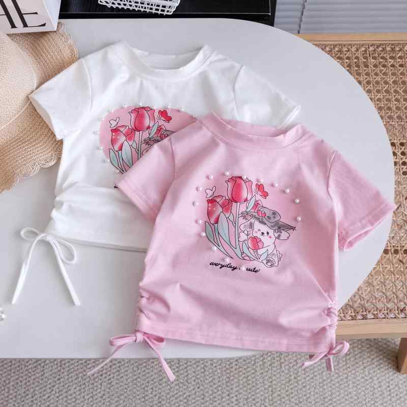 Tシャツ ベビー 女の子 かわいい 半袖 パール ハート柄 カートゥーン柄 リボン ドローストリング トッ..