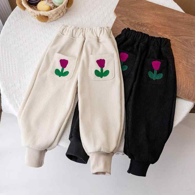 キッズ 女の子 パンツ 裏起毛 花柄 厚手 コーデュロイ 綿 秋冬 カジュアル スウェット 韓国 柔らかい ウエストゴム ミドルウエスト ロング丈 普段使い お出かけ アプリコット ブラック グレー
