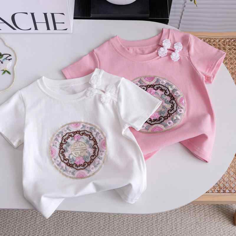 Tシャツ 女の子 ベビー キッズ ガールズ 幼児 チャイナ風 刺繍 飾りボタン 半袖 トップス 綿 コットン 吸湿速乾 ラウンドネック 丸首 春夏 白 ピンク系 普段使い おしゃれ お出かけ