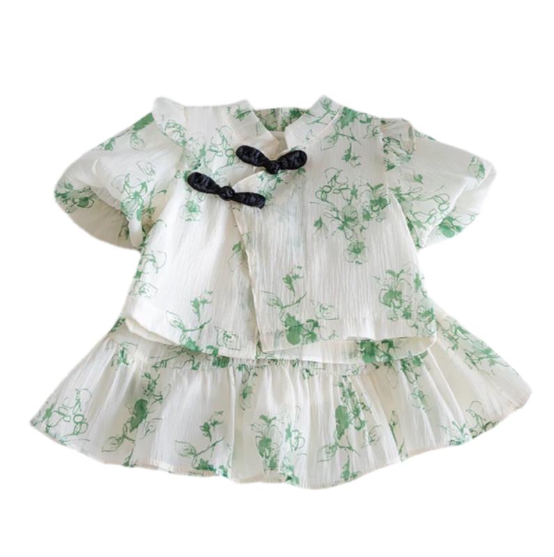セットアップ 女の子 キッズ 中国風 漢服 古風 ハイウエスト パフスリーブ 半袖 スカートパンツ 2点セット 綿 シフォン 薄手 かわいい プリンセス風 春夏 お出かけ着