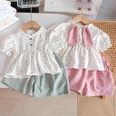セットアップ 女の子 ベビー キッズ 小花柄 半袖シャツ ショートパンツ 韓国 かわいい スウィート 薄手 柔らかい 綿 コットン 2点セット 春夏 グリーン ピンク