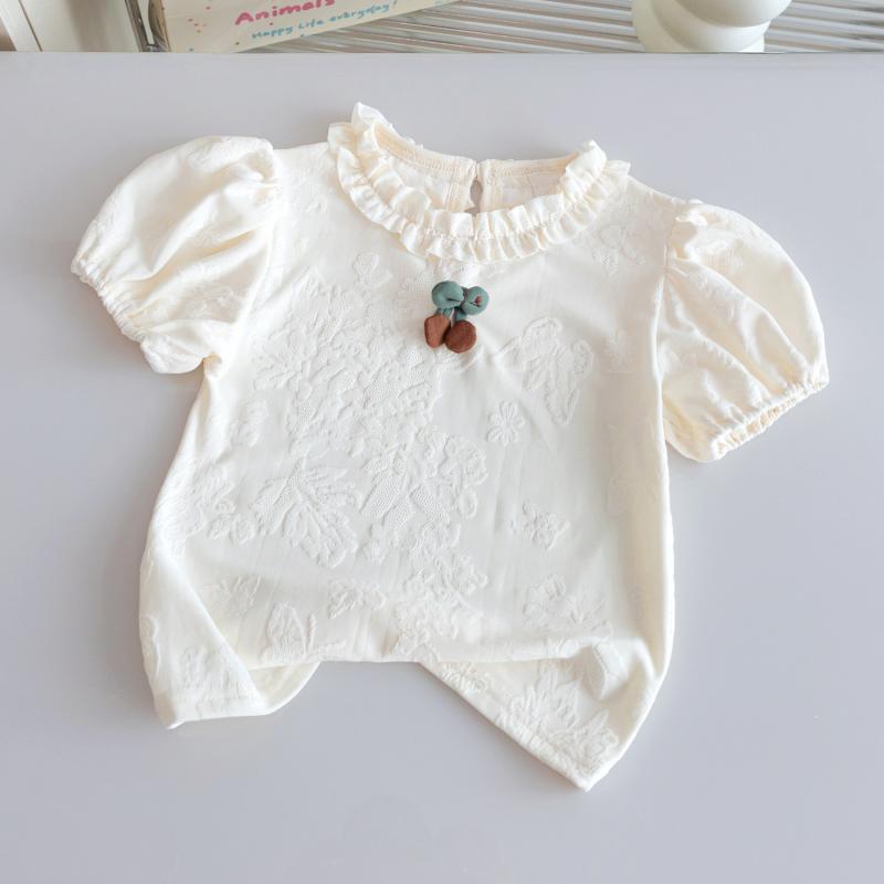 Tシャツ 女の子 女児 半袖 トップス 韓国ファッション フリル襟 かわいい チェリー柄 綿 コットン 吸湿速乾 柔らか素材 普段着 通園通学 カジュアル 春夏 オフホワイト アイボリー