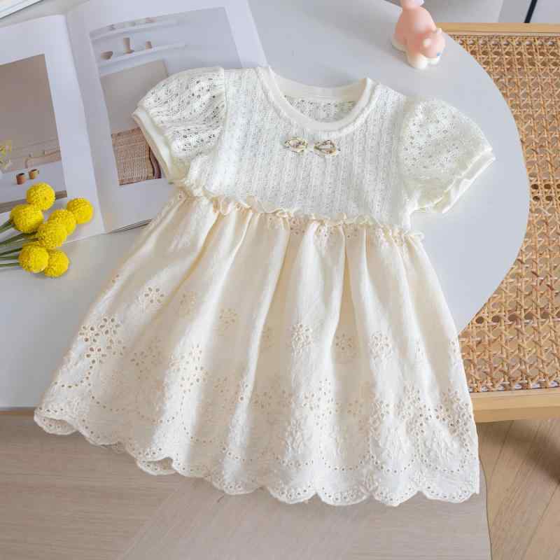 ワンピース 女の子 ベビー 幼児 春夏 プリンセス リボン 透かし編み パフスリーブ 半袖 Aライン 通気性 柔らか コットン アイボリー お出かけ 普段着 カジュアル