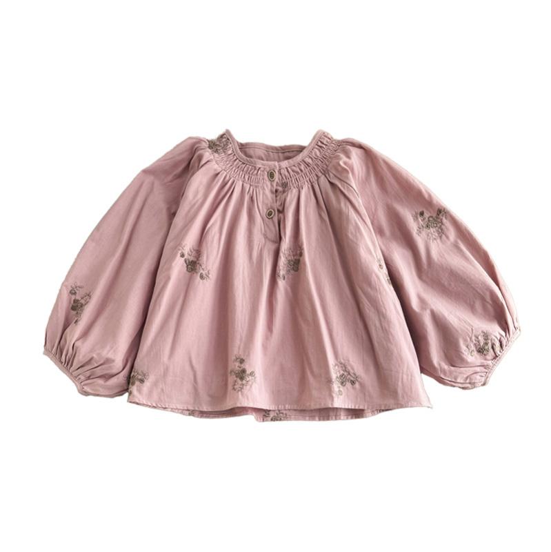 ブラウス 女の子 キッズ ガールズ 韓国 長袖 パフスリーブ 小花柄 刺繍 ドールブラウス ラウンドネック 綿 コットン 柔らかい肌触り おしゃれ かわいい 普段使い お出かけ 春秋 グリーン ピンク系