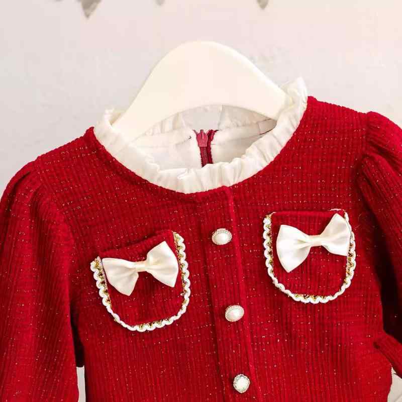 ワンピース 女の子 冬物 裏起毛 厚手 あったか 防寒 プリンセスドレス Aライン リボン おしゃれ かわいい 綿 コットン 無地 赤 レッド お祝い パーティー フォーマル 子供服(4)