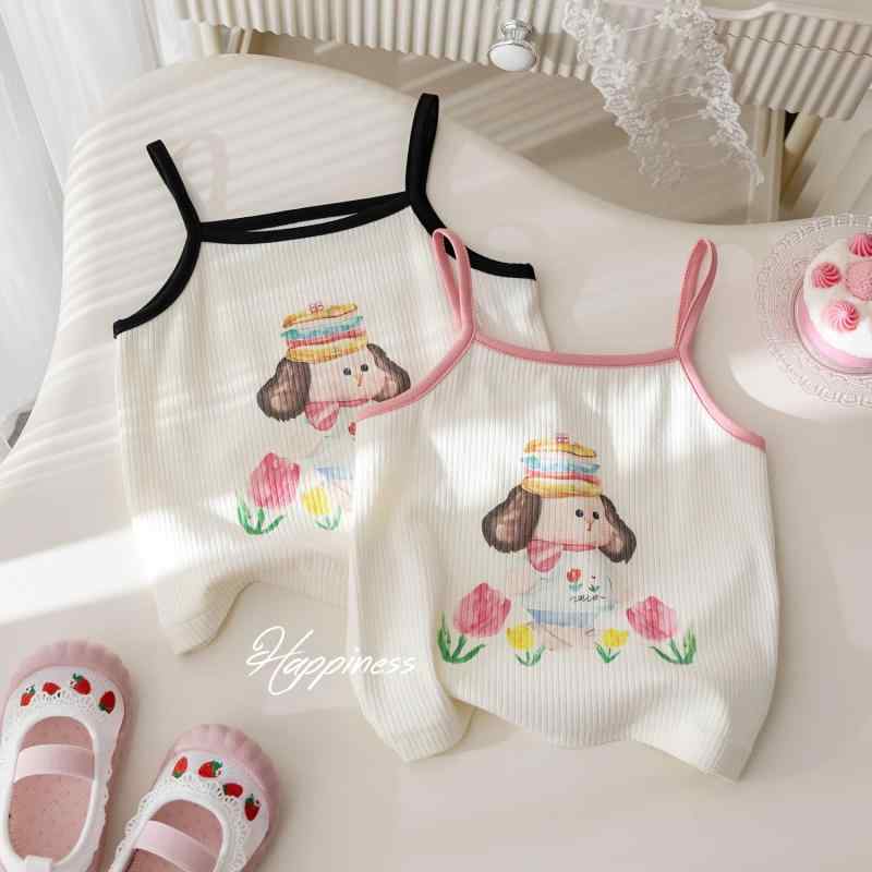 タンクトップ 女の子 キッズ ジュニア 春夏 韓国 かわいい おしゃれ カートゥーン プリント インフルエンサー スクエアネック ストラップ 綿 ソフトな肌触り 普段使い お出かけ