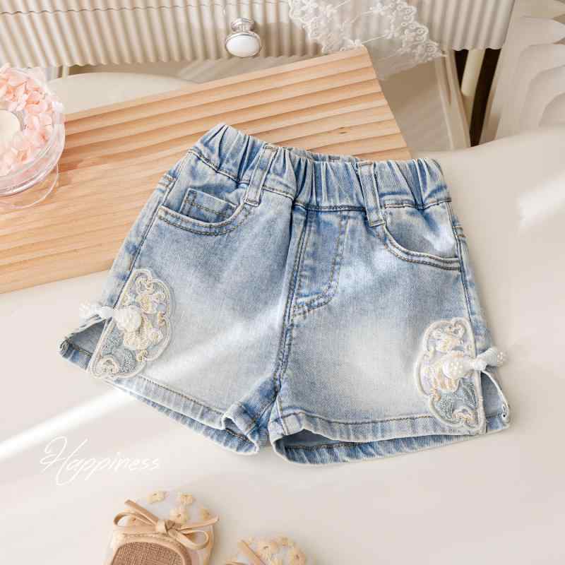 Short Pants - キッズ 女の子 ショートパンツ デニム 春夏 中国風 民族風 盤ボタン アップリケ 刺繍 レース おしゃれ かわいい ゴムウエスト ミドルウエスト 普段使い