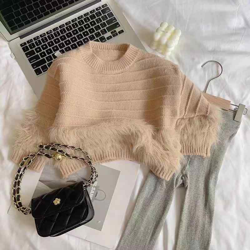 ニット キッズ 女の子 秋冬 韓国 起毛 無地 プルオーバータイプ あったか 保温 ポリエステル ラウンド..