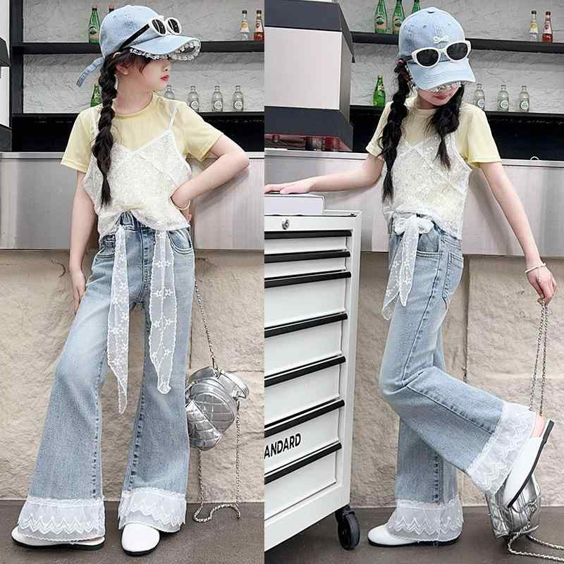 キッズ 女の子 セットアップ 夏物 半袖 レース デニム 長パンツ 薄手 韓国 かわいい ツーピース カジュ..