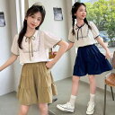 セットアップ キッズ 女の子 女児 夏物 半袖 シフォン 綿 コットン 薄手 柔らかい 無地 カジュアル おしゃれ 普段着 ツーピース