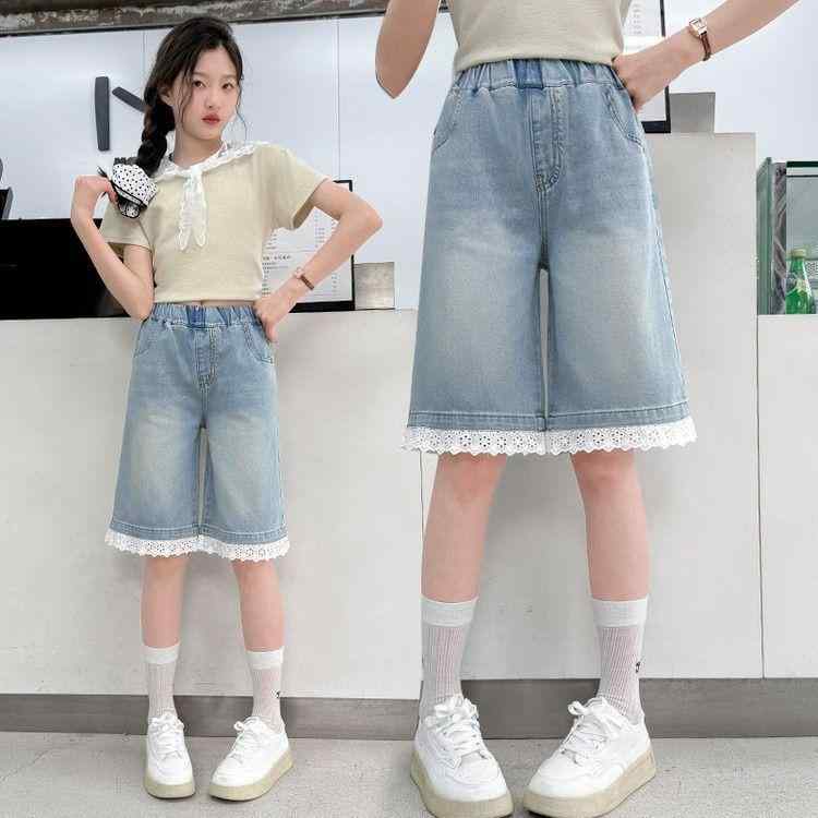 デニムパンツ 女の子 キッズ 女児 五分丈 ハーフパンツ ゆったり ワイド リラックス 薄手 軽量 通気性 カジュアル 外出着 普段使い おしゃれ 春夏 小中学生